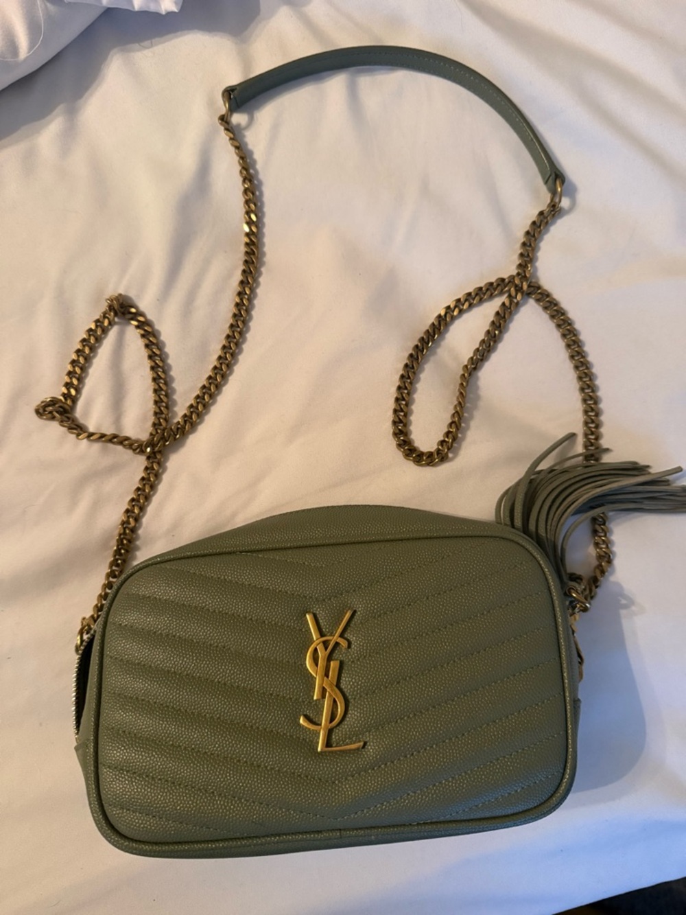 Saint Laurent green Mini Lou Leather Camera Bag with Gold Hardware and Tassel
